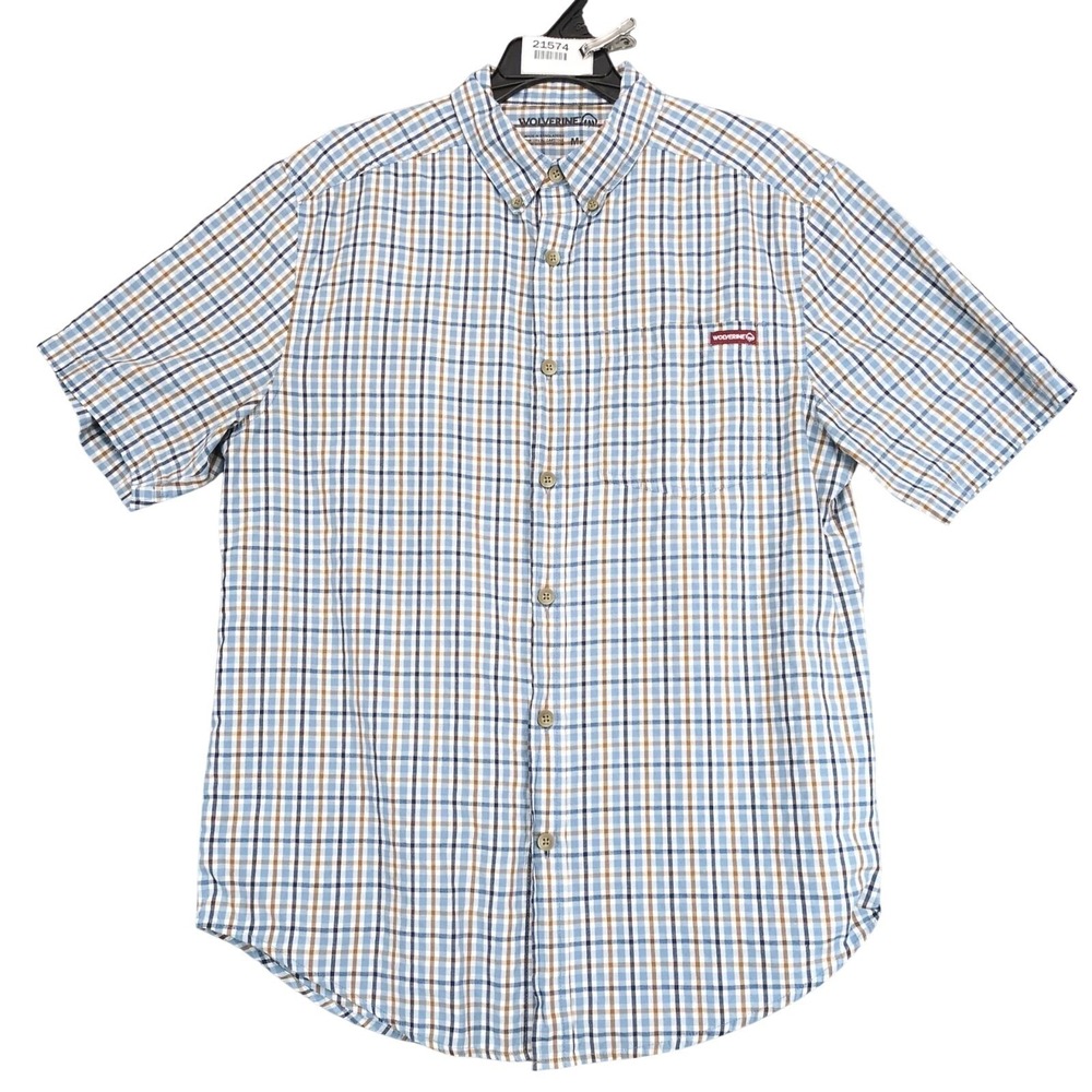 Wolverine Blue Plaid Button Down Shirt Mens M Brown Logo Pocket Casual Workwear